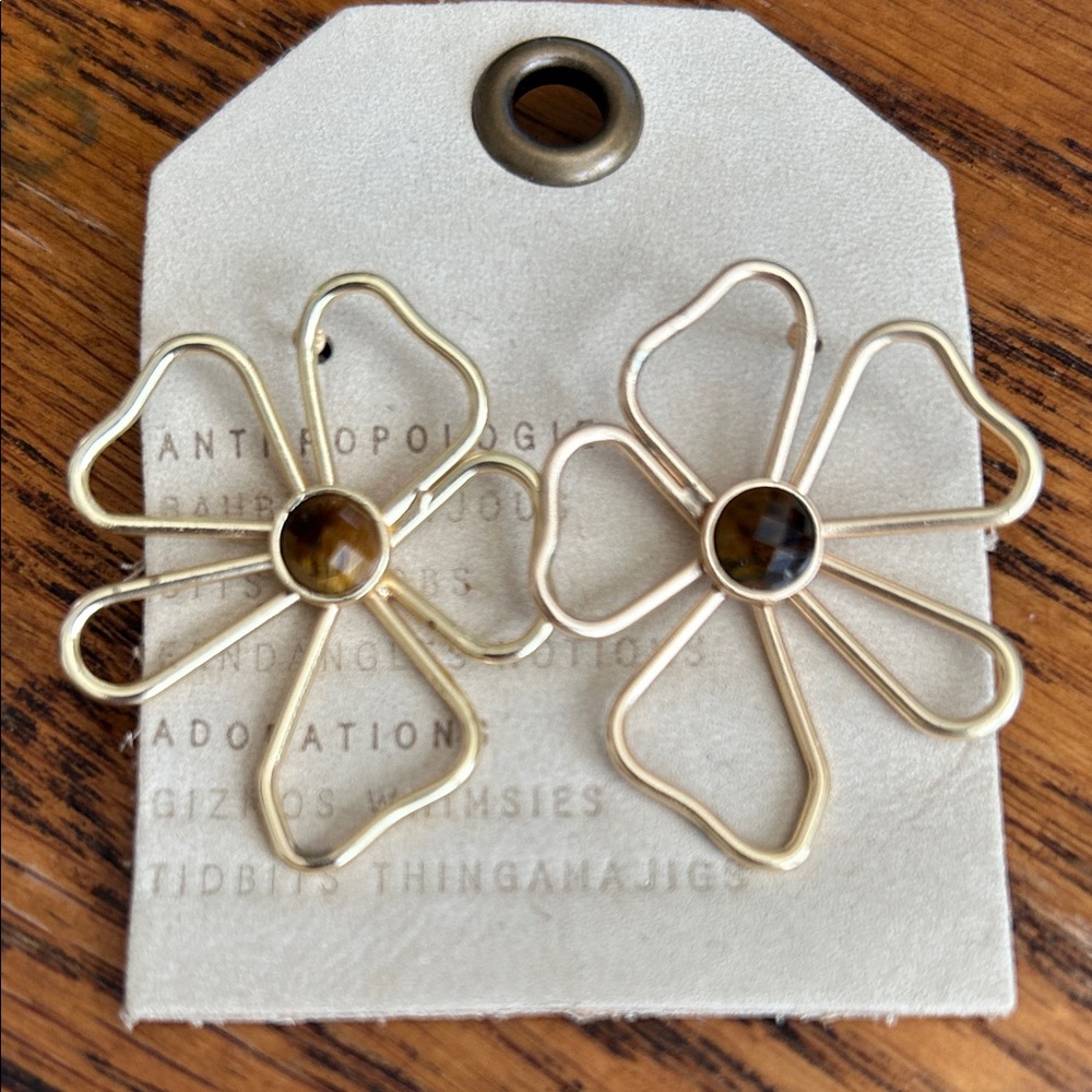 Anthropologie Abstract Floral Wire Earrings with Brown Cabochons